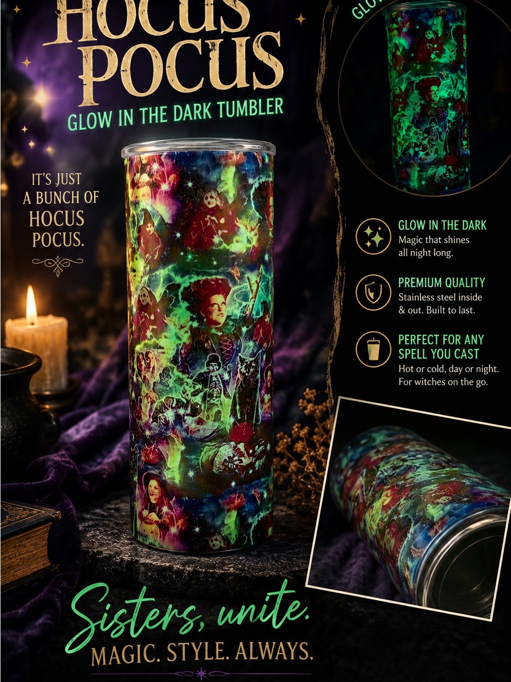 Hocus Pocus glow in the DARK  Stainless Tumbler - Neon Green & Teal Pattern